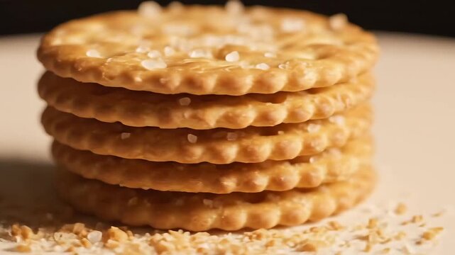 Stack of Round Golden Crackers with Salt Crystals Close Up.