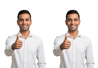 twin portraits of a handsome young indian male in a crisp white business shirt giving a firm thumbs up with a confident smile against transparent studio background. concept of high customer