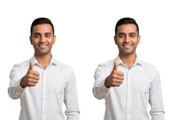 twin portraits of a handsome young indian male in a crisp white business shirt giving a firm thumbs up with a confident smile against transparent studio background. concept of high customer