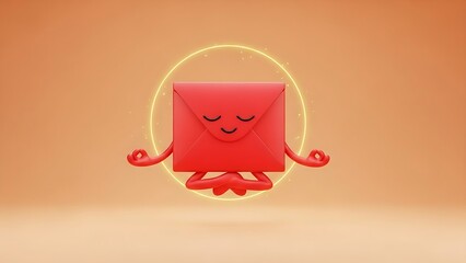 Relaxing red email envelope character meditating peacefully with a glowing aura on a warm background