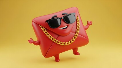 Cool red envelope character wearing sunglasses and gold chain on yellow background