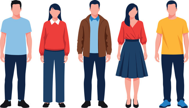 Group of five young adult people standing in casual clothes, two women and three men, representing diverse college students, friends, and everyday people vector illustration.