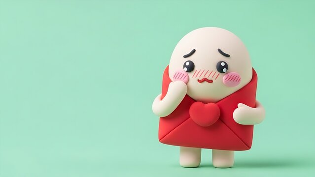 Cute shy clay envelope character blushing on plain green background with copy space
