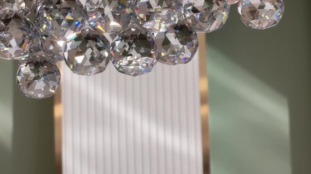 Background of beautiful crystal chandeliers casting a warm light, with reflections dancing through brushed Czech glass crystals hanging from a vintage fixture, leaving ample copy space.
