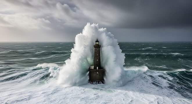 Dramatic Lighthouse Assaulted by Powerful Waves Under Stormy Skies.