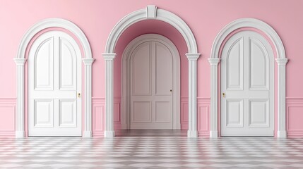 Fototapeta premium Pink hallway with three arched doorways