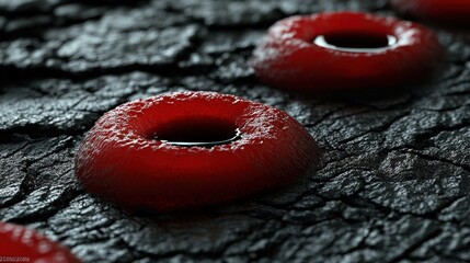Red orbs on dark textured surface