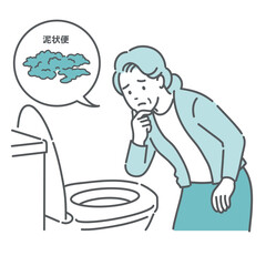 トイレで「泥状便」を確認して困っている高齢女性のイラスト（大腸カメラ前処置NG・吹き出し）