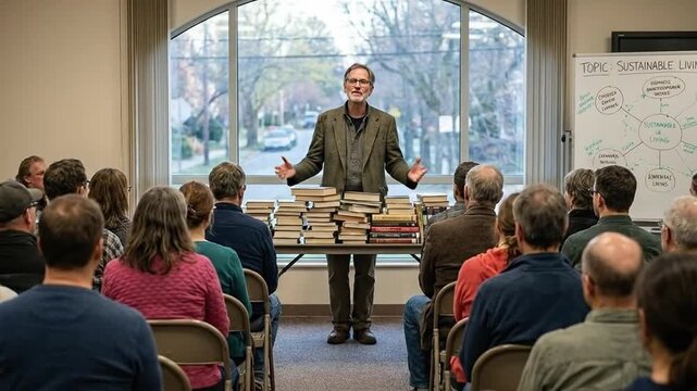 Engaging Speaker Addressing Diverse Audience at Community Lecture or Seminar with Stacks of Books