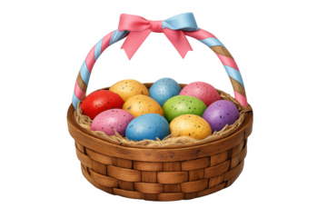 Wicker basket holding vibrant speckled easter eggs with a pink and blue ribbon on handle, celebrating spring