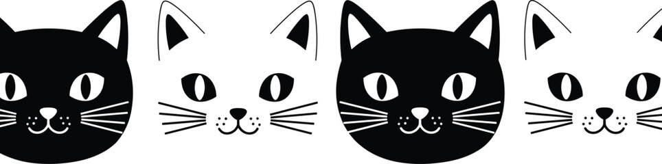 Minimalist cat face pattern, black and white feline illustration, modern pet art, symmetrical animal design, graphic vector, cute whiskers © Hey world