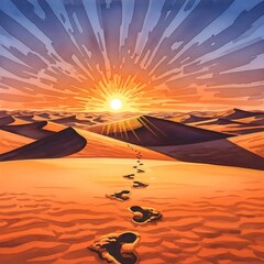 Fototapeta premium Footprints in the Sand Leading Towards a Dramatic Desert Sunset.