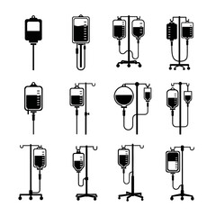 Medical IV Drip and Infusion Stand Icon Set for Healthcare and Clinical Treatment Systems