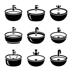 Bathroom Sink and Faucet Icon Set with Detailed Variations for Sanitary Installations