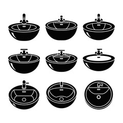 Bathroom Sink and Washbasin Icon Set for Sanitation, Hygiene, and Interior Design Interfaces