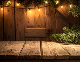 Rustic wooden background with festive lights and pine boughs