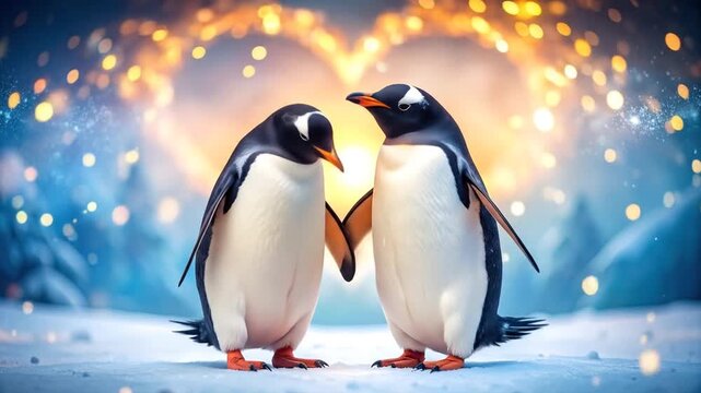 Two penguins in love with heart lights.