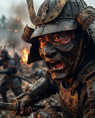 鎧兜と甲冑を身に着けた日本の武士の迫力ある姿