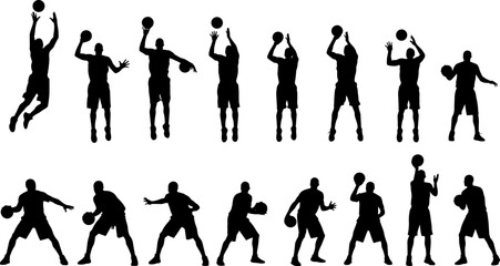 Basketball player silhouettes collection set, athletes dribbling, shooting, jumping, and playing ball sports icons for team competition, fitness, and athletic game design. © Goutom