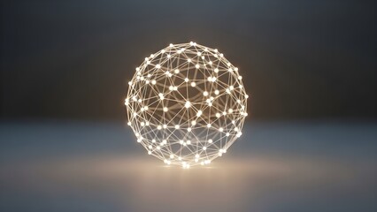 Knowledge Network Orbs. Luminous nodes connected by thin rods forming a gentle sphere network over a matte surface.