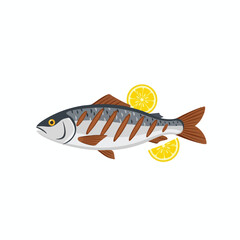 Grilled fish with lemon slices, a cartoon illustration