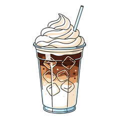Cartoon iced coffee in a clear cup with whipped cream and a straw