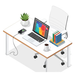 Isometric view of a desk setup featuring laptop, plant, books, coffee, and a rolling chair