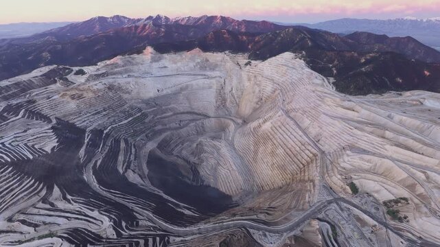 Sunset aerial drone view of Bingham Canyon Mine. Copper Mine. Herriman. Utah. United States