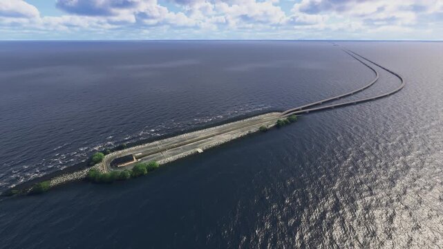 Aerial drone shot of Chesapeake Bay Bridge Tunnel. Virginia Beach. Virginia. United States