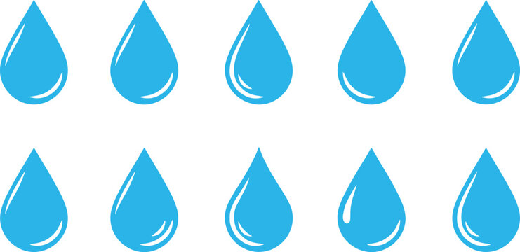Set of ten simple blue water drop icons in various styles for hydration weather and liquid resource design