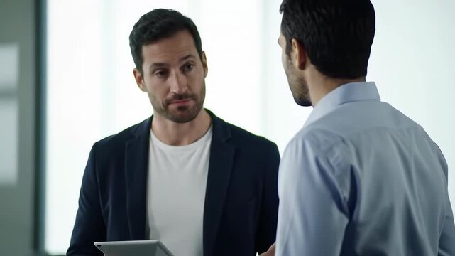Two businessmen dressed formally are in discussion, one holds a tablet in a modern office. Professional setting showcasing collaboration and tech in corporate world.