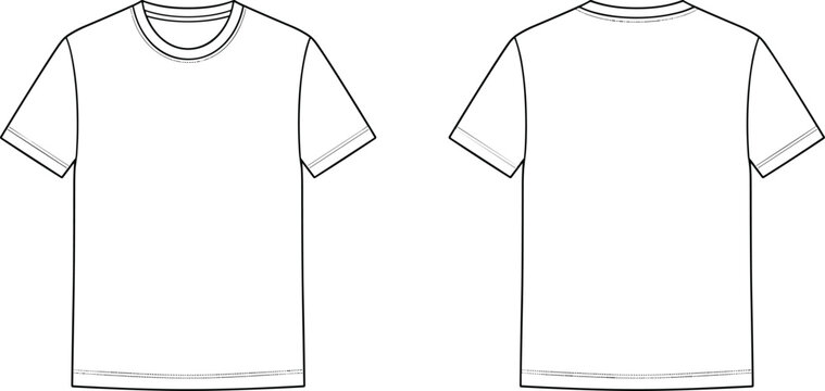 Simple black and white line art vector template of a blank t-shirt showing front and back views