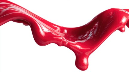 Dripping red paint creates a chaotic flow on a white background, showcasing vibrant texture and artistic expression with copy space