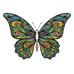 A colorful butterfly with patterned wings, black outlines, and a white background