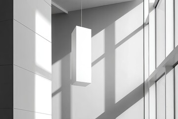 Minimalist architectural interior with hanging white box illuminated by sunlight