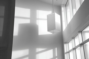 Clean modern interior with large windows, geometric shadows, and a hanging light