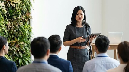 Confident Asian Businesswoman Leads Engaging Presentation in Modern Office with Eco-Friendly Green Wall