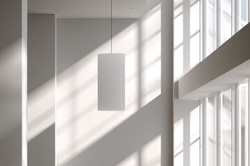 Bright modern interior with sunlit geometric shadows and pendant light