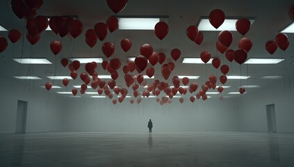 Single figure beneath a vast ceiling filled with red balloons in an empty space
