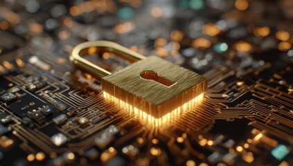 A golden padlock rests on a glowing circuit board, symbolizing digital security