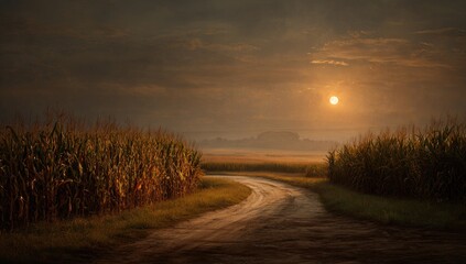 Sunlit dirt road winds through tall cornfields at dawn, misty sunrise