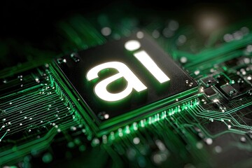 Illuminated circuit board with an "ai" symbol on a central chip