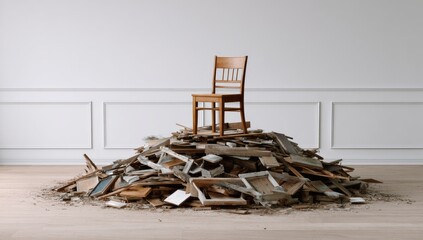 Single wooden chair perched atop a large heap of construction debris