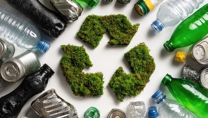 A recycling symbol made of moss is surrounded by plastic bottles and cans