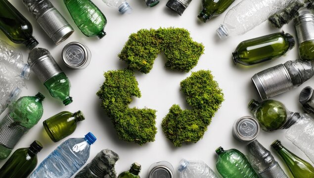 Green moss recycling symbol surrounded by assorted glass, plastic bottles and cans