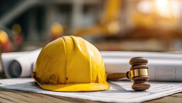 Yellow hard hat, blueprints, and gavel on a table at a construction site