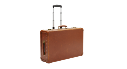 Vintage brown suitcase with travel stickers and extendable handle luggage, Isolated On Png Transparent Background