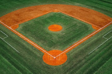 Aerial view of a baseball diamond with neatly manicured grass and dirt infield