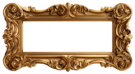 Ornate golden rectangular frame with intricate scrolling, embossed designs, and curves