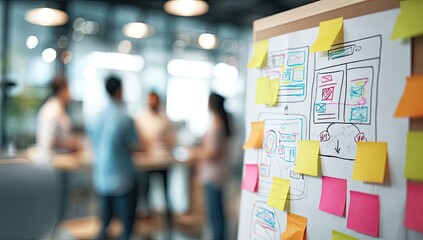 Blurred figures in a modern office collaborate around a whiteboard